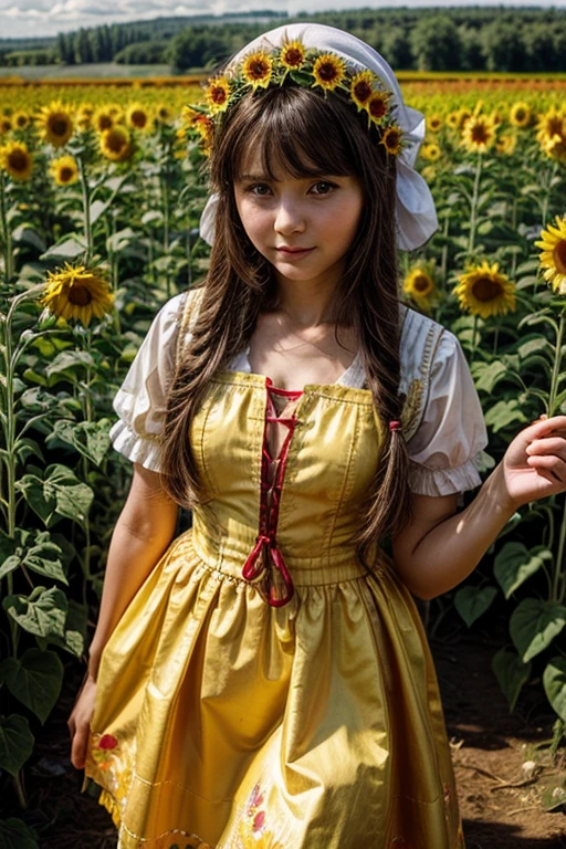 Beautiful Ukrainian girl、Solochika in national costume、15 years old、Sunflower field、