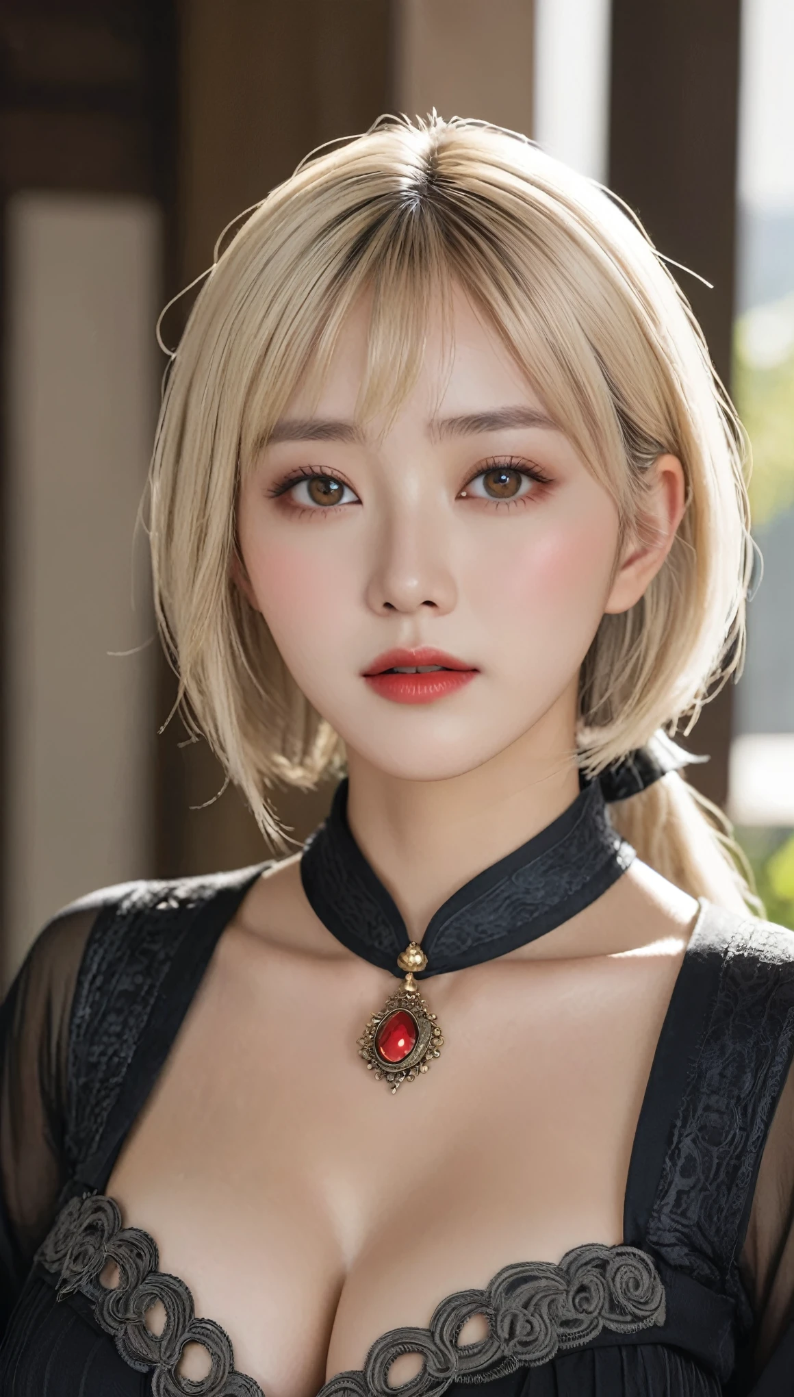 (Ultra-realistic)、Ancient Priestess、のFemale Shaman、
Scalability　beauty　High resolution　High resolution　Realistic　short hair　blonde、　blondeの女性、Mature Woman、Middle-aged women、((Big big))、Detailed skin texture、超High resolution、Realistic、Voluptuous figure、Laughter、中年のbeauty、Beautiful expression、Exquisite red and black areola 、Small purple eyelids、長いblondeの髪、Kamimei、非常に繊細でDetailed skin texture、３５Female Shaman、{(Ancient ornate and luxurious temple)、(Many torches are burning)}、Ancient Priestess、Big cleavage、Deep neckline、Big Red Lips、(colorful, Glamorous clothes and luxurious accessories)、I have a gorgeous platinum cane、