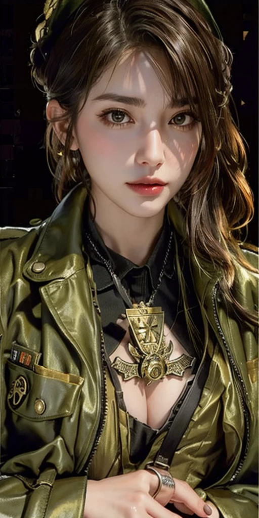 Photorealistic, High resolution, Soft light,1womanl, Solo, hips up high, (Detailed face), Jewelry, Badge, tiese, German/(Army Suit/), no skirts, (no clothes)