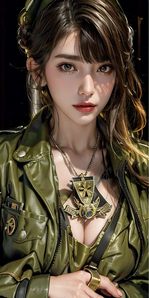 Photorealistic, High resolution, Soft light,1womanl, Solo, hips up high, (Detailed face), Jewelry, Badge, tiese, German/(Army Suit/), no skirts, (no clothes)