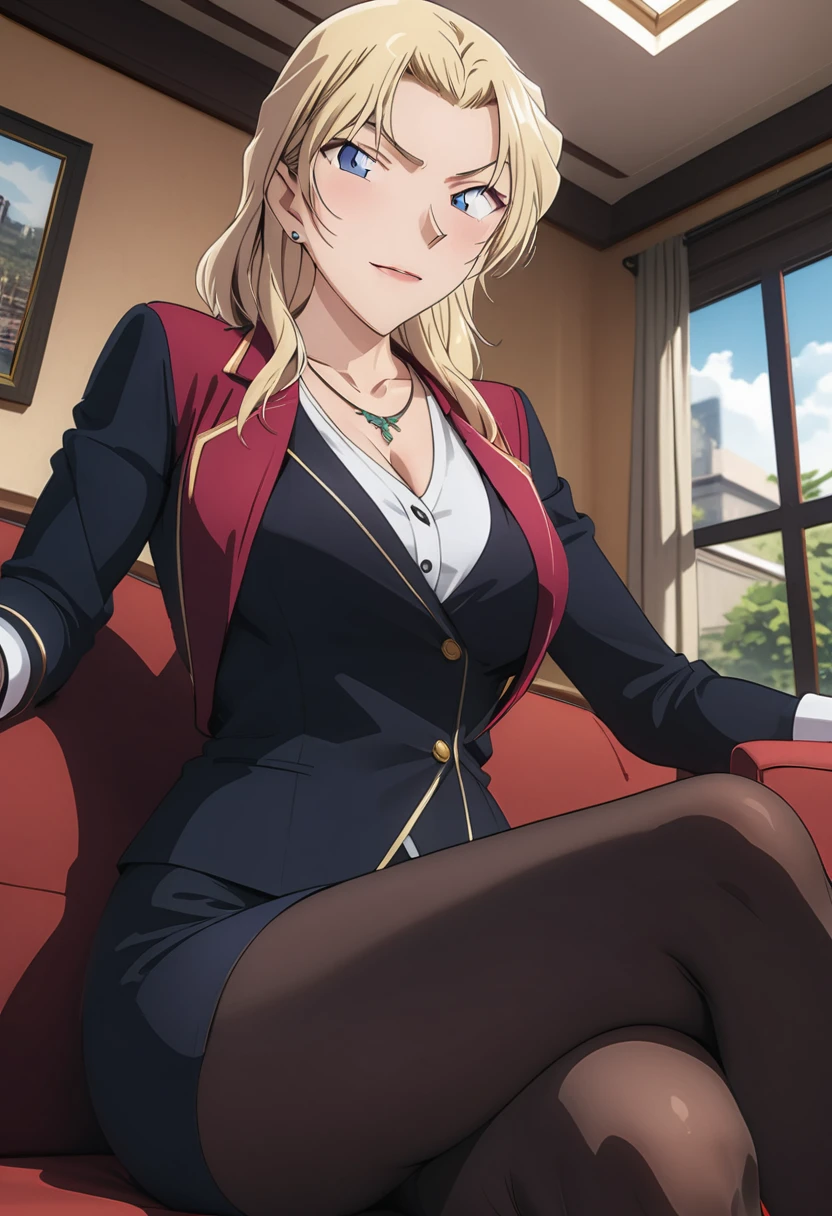 (masterpiece, best quality:1.2), ((Extremely detailed)), high resolution, Anime style , photo, photography, Detailed background,1. Beautiful woman Lei Dianming, (Pantyhose), boots,Cowboy shooting, Looking at the audience,A faint smile, earrings, skirt, Necklace, Vest, Cross your legs, From below, On the sofa, Windows, living room,Anime style，blond