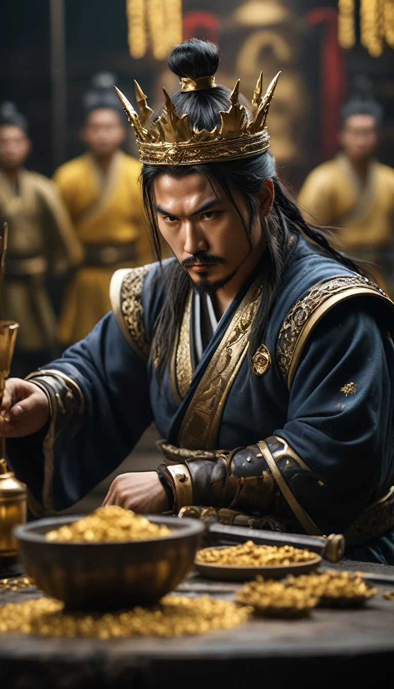 Hanzo Hatori and his men blending into their surroundings, hyper realistic, ultra detailed hyper realistic, photorealistic, Studio Lighting, wearing a gold crown, reflections, dynamic pose, Cinematic, Color Grading, Photography, Shot on 50mm lens, Ultra-Wide Angle, Depth of Field, hyper-detailed, beautifully color, 8k