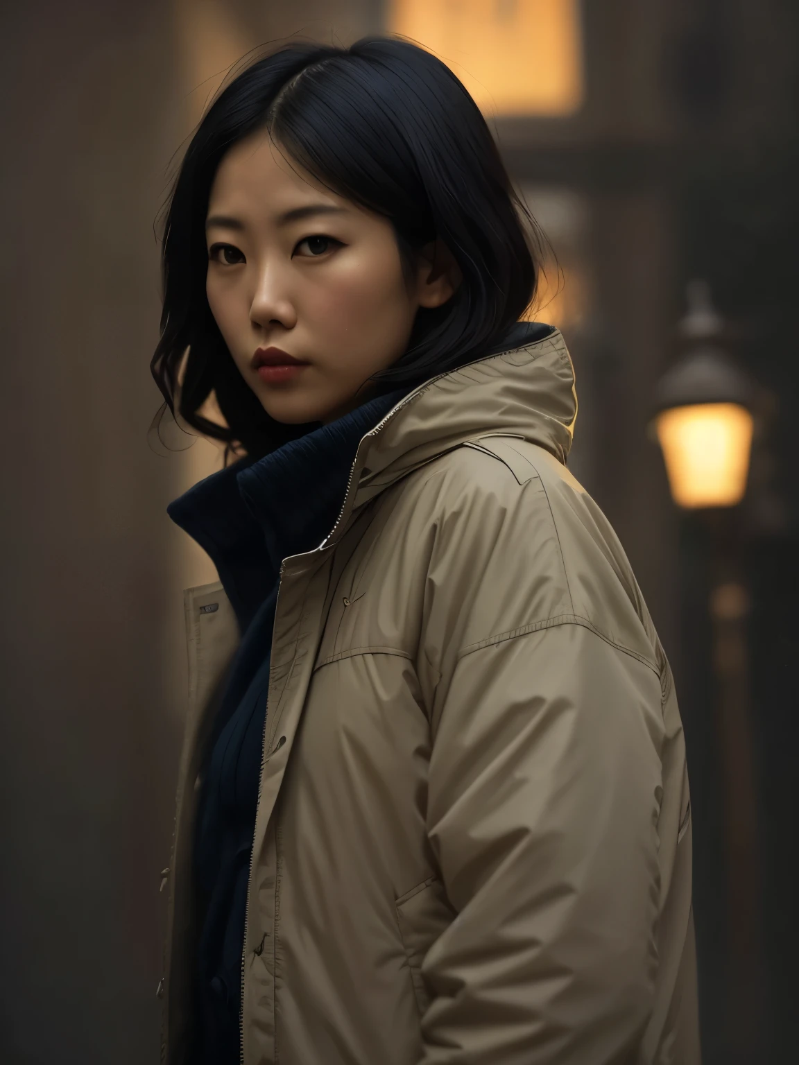 (masterpiece,best quality: 1.2), detailed face, (muted colours:1.2, dark studio, rim lighting, two tone lighting, dimly lit, low key,  ),
a poster for a 1930s \(style\),  noir detective movie,(noir atmosphere:1), gloomy atmosphere, emphasis on noir colors,
the 1930s (/style/), asian woman, put on his coat and headed out into the cold night air, ready to follow the clues wherever they led,
trending on ArtStation, trending on CGSociety, Intricate, High Detail, dramatic, photorealistic painting art by midjourney and greg rutkowski,