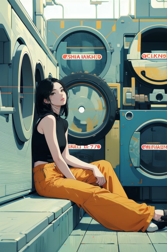 1girl, solo, long hair, looking at viewer, shirt, black hair, sitting, shoes, sleeveless, pants, medium hair, black eyes, black shirt, sleeveless shirt, ground vehicle, yellow pants, orange pants, washing machine