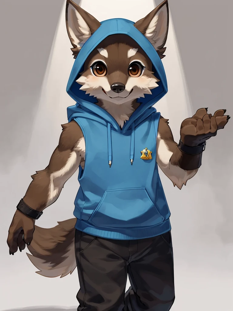 ((Best quality, masterpiece, detailed ???????, detailed eyes, detailed hands, perfect lighting, perfect shading.)), by Kame3, 1male, Wolf, brown furs, tight body, dark brown eyes, skinny chub body, young body, blue sleeveless hoodie, black pants, brown boots, at the white background 
