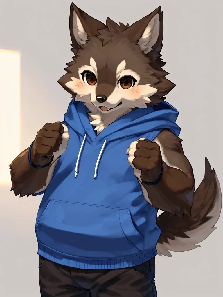 ((Best quality, masterpiece, detailed anatomy, detailed eyes, detailed hands, perfect lighting, perfect shading.)), by Kame3, 1male, Wolf, brown furs, tight body, dark brown eyes, skinny chub body, young body, blue sleeveless hoodie, black pants, brown boots, at the white background