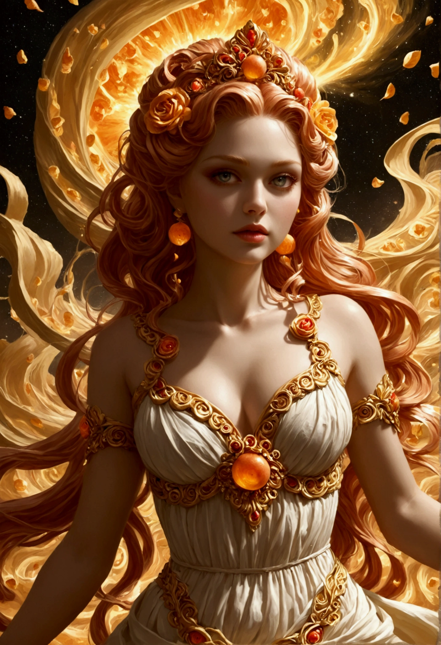 ( High quality , ultra detailed to hand ) ( careful hand ) Zodiac sign- Aries goddess , similar to latin goodness , Brave ,willful ,productive ,enterprising and humanitarian face . Moody, impulsive, impatient, assertive style . sunset reddish hair , transparent dress , in the ocean with sun , whole body , crystal fire eyes ( eye detailed ) . strong powerful make up look . Fire goddess .
