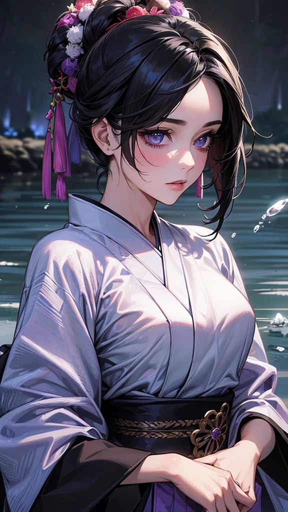 Highest quality, Ultra-high resolution, (Realistic: 1.4), beautiful Eyes, Super beautiful女性,30 years old、 beautiful, magician, Japanese Clothing、((Black Hair、Updo Hair)),Black and purple tones、water and ice、beautiful Soldier, Inviting eyes, spouse'Perspective, Droopy eyes、Attractive appearance, Sexy smile, Perfect Style, Perfect balance、Large Breasts、 Detailed skin, Mischievous Gaze,beautiful背景