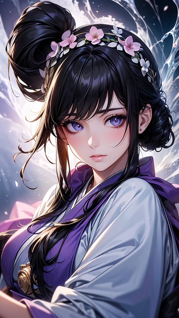 Highest quality, Ultra-high resolution, (Realistic: 1.4), beautiful Eyes, Super beautiful女性,30 years old、 beautiful, magician, Japanese Clothing、((Black Hair、Updo Hair)),Black and purple tones、water and ice、beautiful Soldier, Inviting eyes, spouse&#39;Perspective, Droopy eyes、Attractive appearance, Sexy smile, Perfect Style, Perfect balance、Large Breasts、 Detailed skin, Mischievous Gaze,beautiful背景