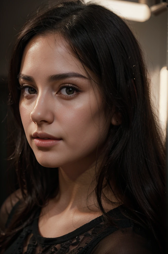 a beautiful young woman, detailed portrait, realistic, long black hair, gorgeous face, plump lips, black eyes, small nose, dimple, high quality, 8k, hyper realistic, photorealistic, cinematic lighting, dramatic lighting, warm color palette, chiaroscuro, oil painting, masterpiece, award winning, studio lighting