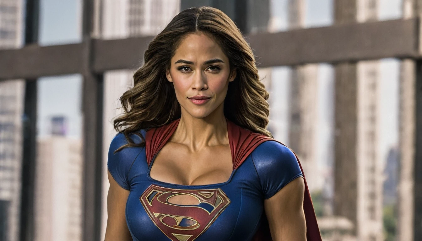 powerful, kind, attractive, smiling and confident; Paula Patton Supergirl 1984s movie costume; HD. Photograph, ((realism)), extremely high quality RAW photograph, ultra detailed photograph, sharp focus, high resolution, (detailed skin:1,3),high quality, film grain, Fujifilm XT3,Highly Detailed, movie, (Cinematic Photo:1.3) of (Realistic:1.3). Super breasts.