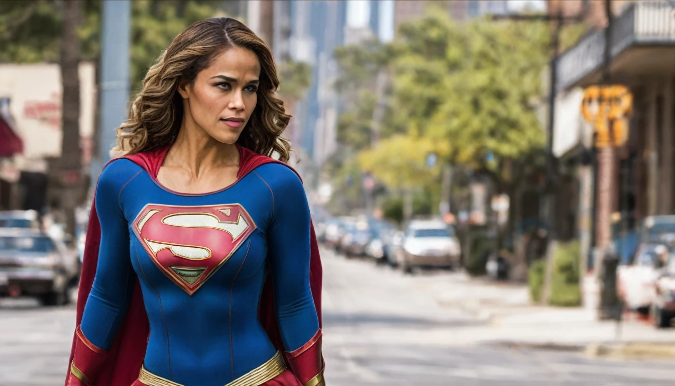 powerful, kind, attractive, smiling and confident; Paula Patton Supergirl 1984s movie costume; HD. Photograph, ((realism)), extremely high quality RAW photograph, ultra detailed photograph, sharp focus, high resolution, (detailed skin:1,3),high quality, film grain, Fujifilm XT3,Highly Detailed, movie, (Cinematic Photo:1.3) of (Realistic:1.3). Super breasts.