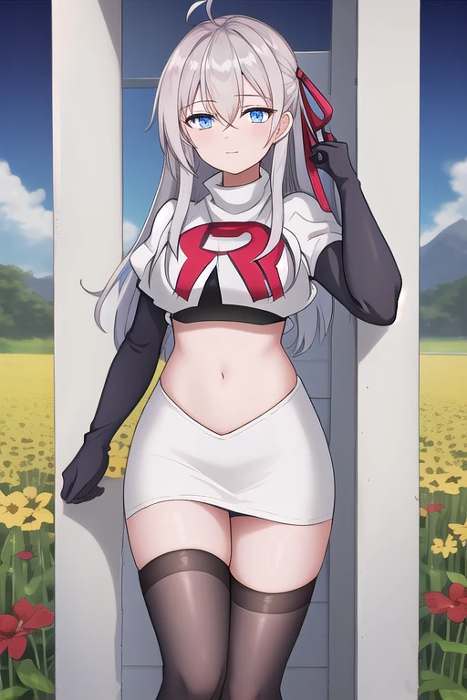 alisa,1girl,solo,long_hair,looking_at_viewer,bangs,blue_eyes,hair_between_eyes,hair_ribbon,ahoge,grey_hair,team rocket,team rocket uniform,white skirt,red letter R,crop top,black thigh-highs,black elbow gloves,flower_field