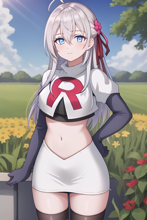 alisa,1girl,solo,long_hair,looking_at_viewer,bangs,blue_eyes,hair_between_eyes,hair_ribbon,ahoge,grey_hair,team rocket,team rocket uniform,white skirt,red letter R,crop top,black thigh-highs,black elbow gloves,flower_field