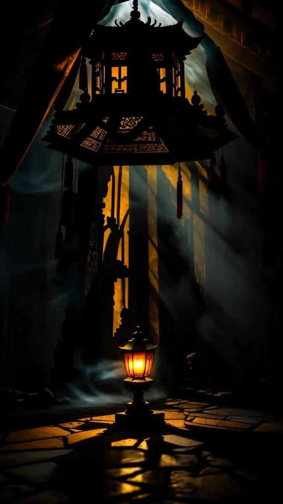 In the heart of a decaying Chinese temple, a golden lamp sits ominously at the center, its once-glorious surface now tarnished and covered in dew that reflects an eerie, pale light. The lamp's intricate dragon motifs and delicate engravings seem to writhe and shift in the flickering shadows. Around it, the temple is shrouded in a thick, smoky fog, where incense coils burn with an unsettling, acrid scent, their smoke forming ghostly shapes that twist and vanish into the darkness.

The temple’s interior is cloaked in gloom, with towering columns covered in creeping vines and faded red and gold tapestries that hang tattered and forgotten. The floor is littered with broken tiles and fragments of ancient relics, casting strange, jagged shadows in the lamp’s dim glow. The smoky haze gives the scene a haunting, almost otherworldly ambiance, as if the temple is a portal to a realm of nightmares. The golden lamp, with its dew-covered surface, stands as a chilling beacon in this desolate, forgotten place, casting long, menacing shadows that hint at the unspeakable horrors lurking in the darkness.