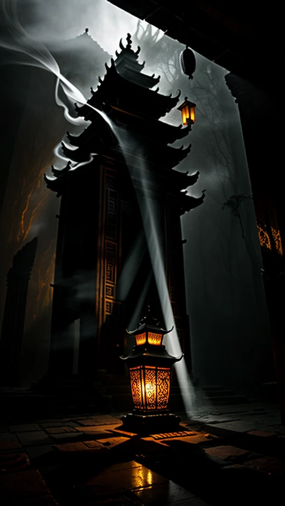In the heart of a decaying Chinese temple, a golden lamp sits ominously at the center, its once-glorious surface now tarnished and covered in dew that reflects an eerie, pale light. The lamp's intricate dragon motifs and delicate engravings seem to writhe and shift in the flickering shadows. Around it, the temple is shrouded in a thick, smoky fog, where incense coils burn with an unsettling, acrid scent, their smoke forming ghostly shapes that twist and vanish into the darkness.
The temple’s interior is cloaked in gloom, with towering columns covered in creeping vines and faded red and gold tapestries that hang tattered and forgotten. The floor is littered with broken tiles and fragments of ancient relics, casting strange, jagged shadows in the lamp’s dim glow. The smoky haze gives the scene a haunting, almost otherworldly ambiance, as if the temple is a portal to a realm of nightmares. The golden lamp, with its dew-covered surface, stands as a chilling beacon in this desolate, forgotten place, casting long, menacing shadows that hint at the unspeakable horrors lurking in the darkness.