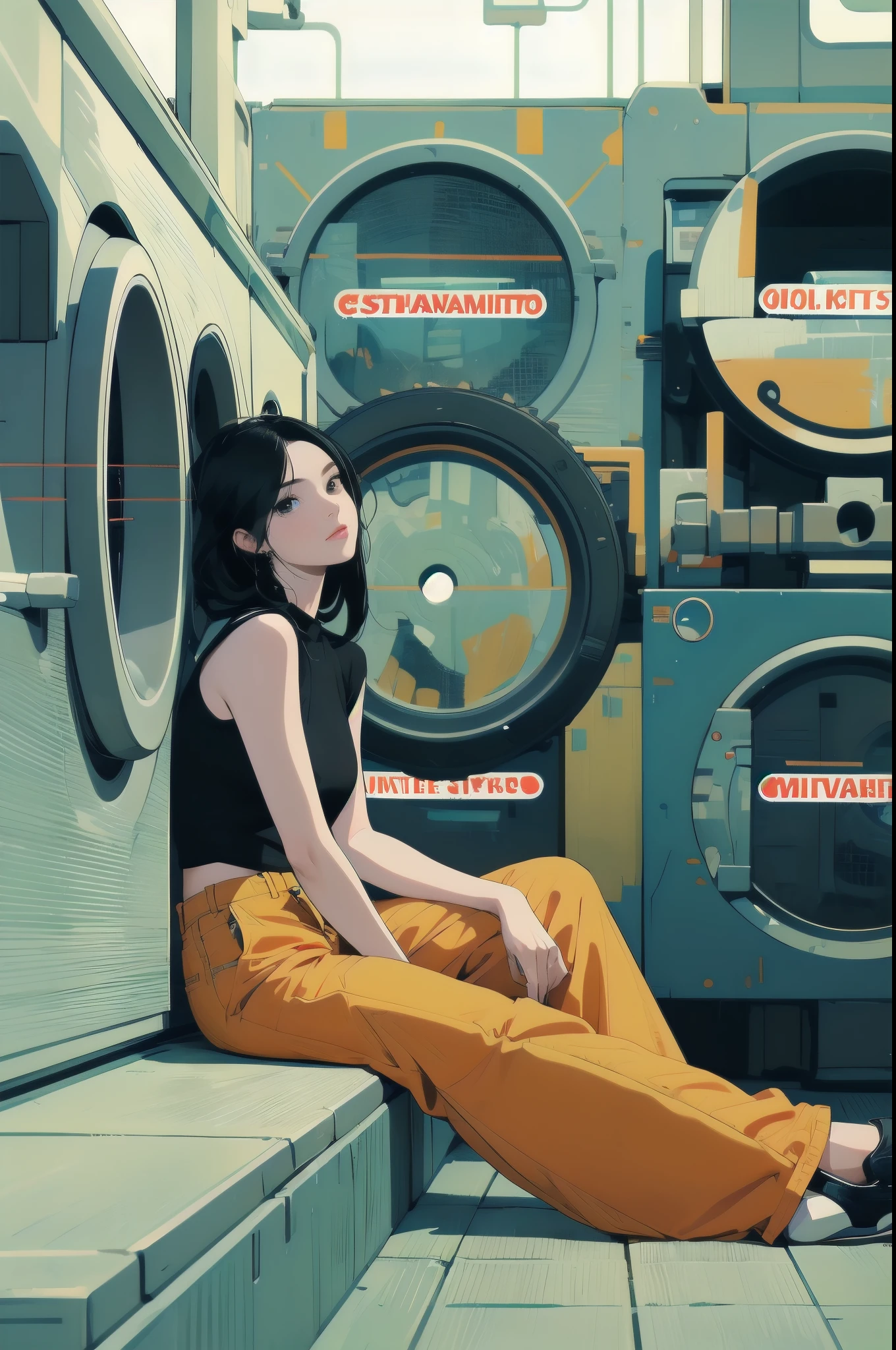 1girl, solo, long hair, looking at viewer, shirt, black hair, sitting, shoes, sleeveless, pants, medium hair, black eyes, black shirt, sleeveless shirt, ground vehicle, yellow pants, orange pants, washing machine