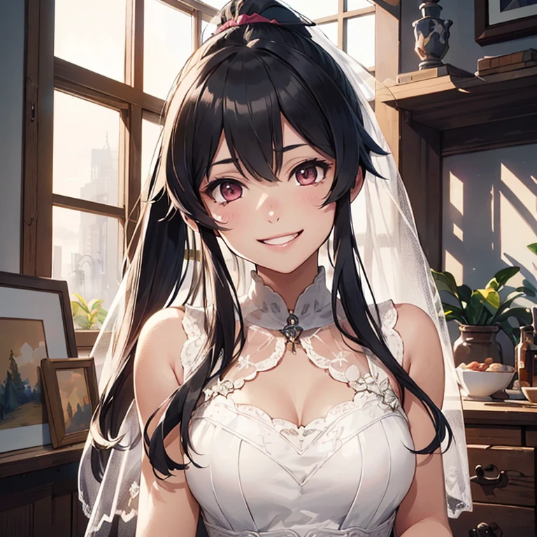 yahagi,ponytail,(masterpiece:1.4),(best quality:1.4), (amazing), (great illustration:1.4), (ultra-detailed:1.4), (art CG, 8K),1girl solo,
princess line wedding dress,(Happy Smile:1.4),(cry:1.2),