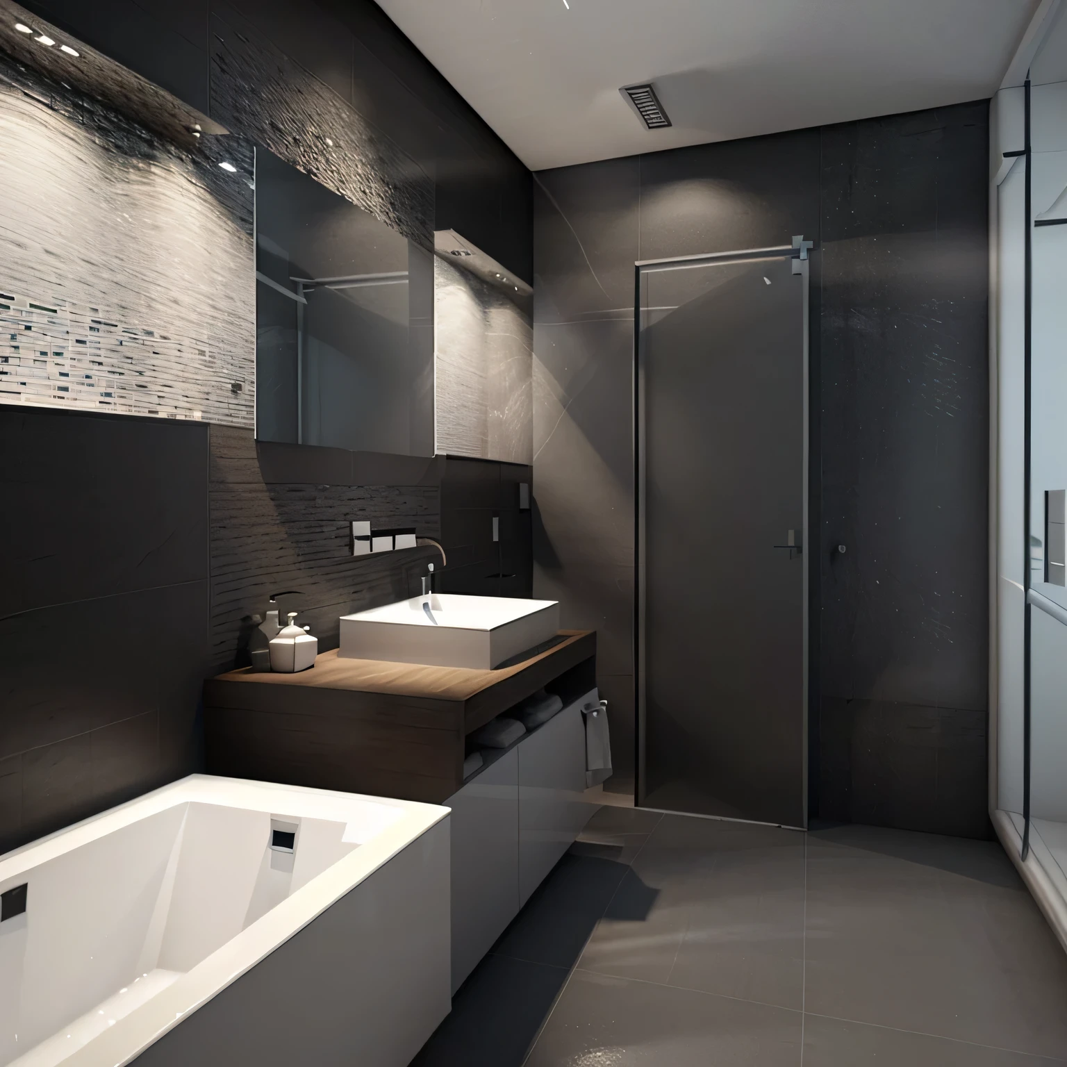 there is a bathroom with a bathtub, sink, and shower, modern bathroom, elegant minimalism, premium bathroom design, rendered in vray, minimalist design, high quality 3d render, high quality 3 d render, simple clean lines, subtle details, detailed surroundings, stuning 3 d render, render in vray, rendered in v-ray