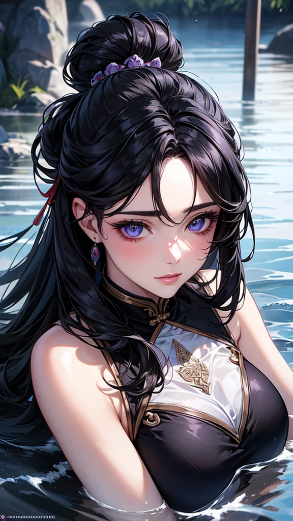 Highest quality, Ultra-high resolution, (Realistic: 1.4), beautiful Eyes, Super beautiful女性,30 years old、 beautiful, magician, chinese garment、((Black Hair、Updo Hair)),Black and purple tones、water and ice、beautiful Soldier, Inviting eyes, spouse'Perspective, Droopy eyes、Attractive appearance, Sexy smile, Perfect Style, Perfect balance、Large Breasts、 Detailed skin, Mischievous Gaze,beautiful背景