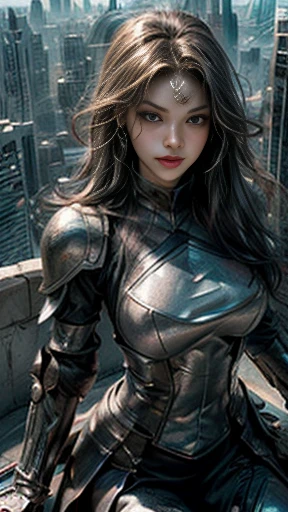 ((masterpiece, Highest quality, High resolution, Realistic, born, 8k wallpaper)),Bright expression、Pony Talk、young, Sparkling, White and glowing skin、Big eyes and very sexy、 Well-formed face、(Huge and stunning goddess shot, Very hot and sexy, Amazing beauty, Perfect proportions, Beautiful body, Slim body beauty: 1.4), Standing on top of a skyscraper女性の後ろ姿, Standing on top of a skyscraper, Standing on the roof, Standing on the roof, Overlooking the modern city, Walk over a small city, Sitting on top of a skyscraper, mirror's edge in russia, Urban rooftops.(armor:1.3)、knighthood, (Equipped with sword and shield:1.2),Royal Style,Comic book style, , Scattered beneath the surface, Stunning details, Natural background, Surreal, movie, Dramatic lighting, Tabletop、(ornamental armor)、(Wear an aura:1.5)、Circlet、((Princess Night))、Frilled,Sexy Costumes、Wields a shining long sword