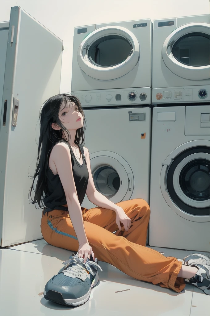 1girl, solo, long hair, looking at viewer, shirt, black hair, sitting, shoes, sleeveless, pants, medium hair, black eyes, black shirt, sleeveless shirt, ground vehicle, yellow pants, orange pants, washing machine