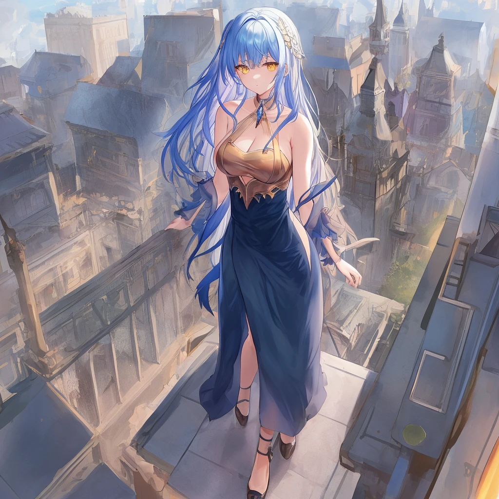 Full length soft picture.
One girl who stands on the edge of the roof.
long blue hair, yellow eyes, long slender body. bright skin.
clothes - black bodycon dresses.