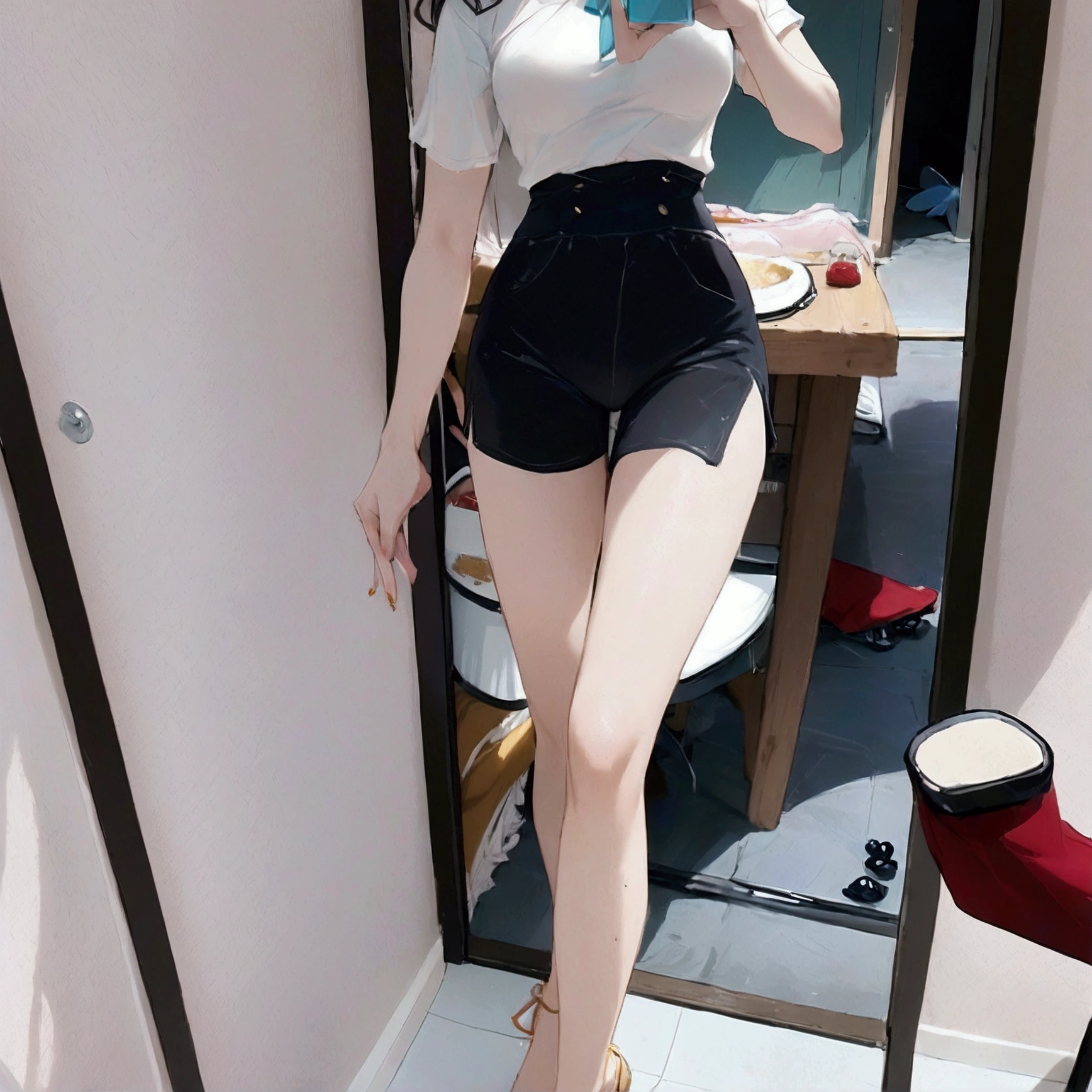 there is a woman taking a picture of herself in a mirror, 2 4 year old female model, photo of slim girl, wearing a sexy cropped top, photo of slim girl model, half body cropping, 1 8 yo, fit dainty figure, dressed in a top and shorts, full body picture, good hips and long legs