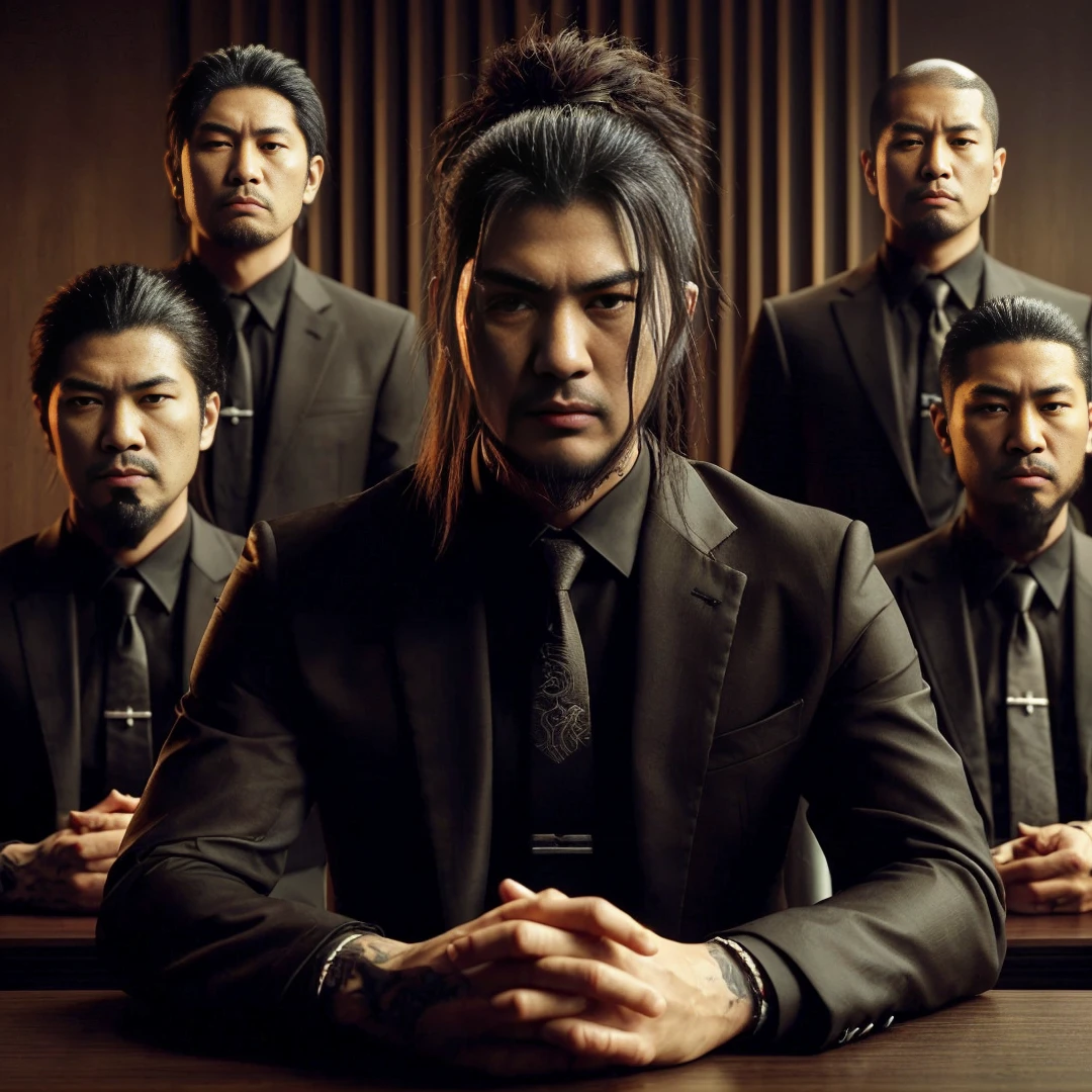 Yakuza with a side bangs, wearing a black suit, sitting with his friend, a bald yakuza in a black suit, the two of them are sitting in a meeting room, their four bodyguards are standing behind them wearing black suits, the background is a yakuza meeting room with brown walls , black tables, and yakuza-style decorations, cinematic, realistic, detailed face, very detailed, 4k