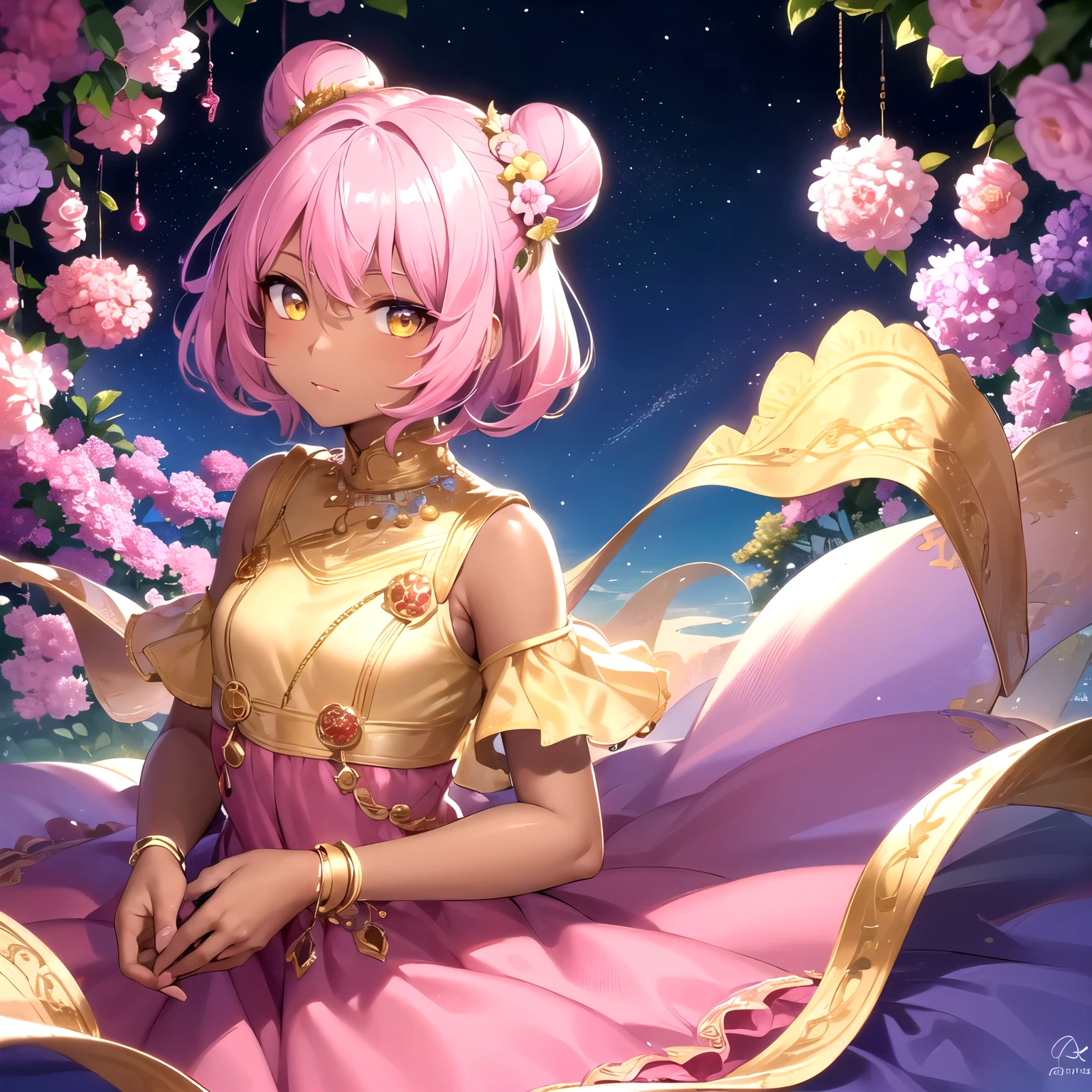 4k, high quality, colorful, super detailed eyes and face, 1female, young, 15 years old, (dark skin:1.2), yellow eyes, (pink-clear hair), bun hair, looking at viewer, princess dress, looking at viewer, upper body, sky, flowers, alone,