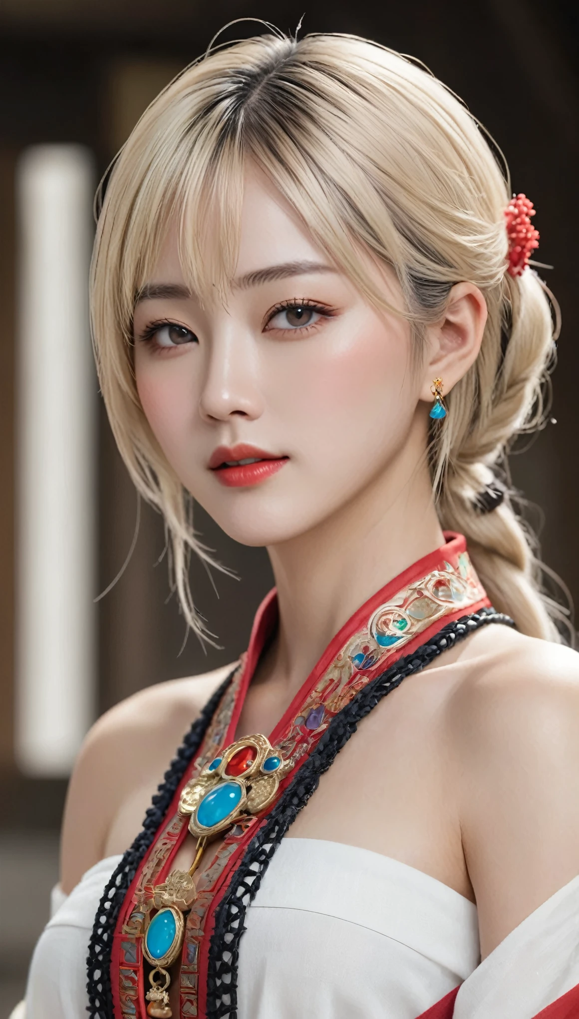 (Ultra-realistic)、Ancient Priestess、のFemale Shaman、
Scalability　beauty　High resolution　High resolution　Realistic　short hair　blonde、　blondeの女性、Mature Woman、Middle-aged women、((Big big))、Detailed skin texture、超High resolution、Realistic、Voluptuous figure、Laughter、中年のbeauty、Beautiful expression、Exquisite red and black areola 、Small purple eyelids、長いblondeの髪、Kamimei、非常に繊細でDetailed skin texture、３５Female Shaman、{(Ancient ornate and luxurious temple)、(Many torches are burning)}、Ancient Priestess、Big cleavage、Deep neckline、Big Red Lips、(colorful, Glamorous clothes and luxurious accessories)、I have a gorgeous platinum cane、