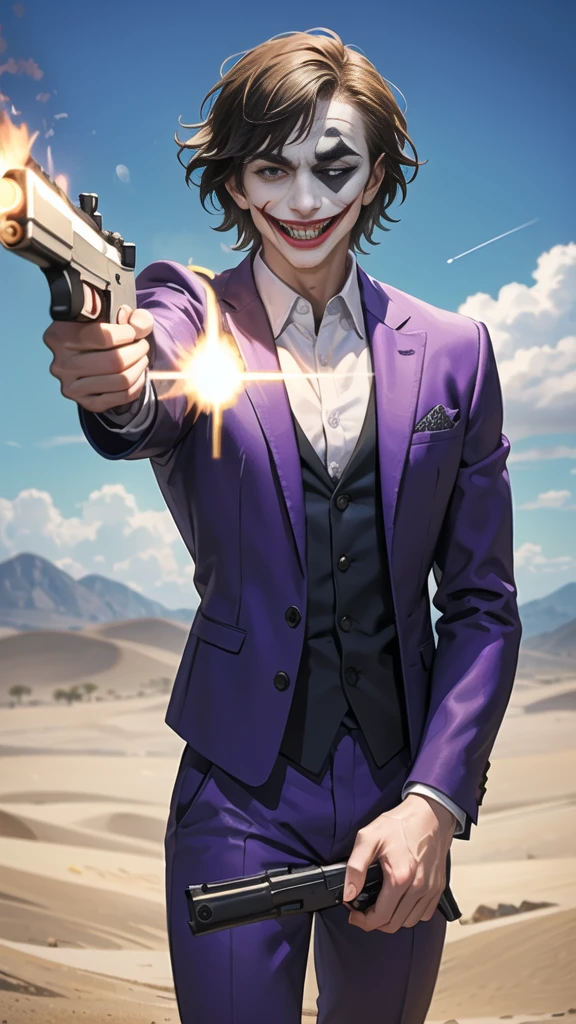Masterpiece, best quality, The Joker wears a purple suit., , look at viewer, Aim the gun., ถือpistol, look at viewer, stand, , ((pistol)),((Aim the gun.ไปที่ผู้ชม)),gun possession, desert, Laugh and laugh ,explosion from gun , lots of smoke