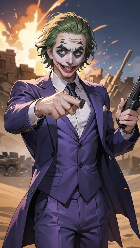Masterpiece, best quality, The Joker wears a purple suit., , look at viewer, Aim the gun., ถือpistol, look at viewer, stand, , ((pistol)),((Aim the gun.ไปที่ผู้ชม)),gun possession, desert, Laugh and laugh ,explosion from gun , lots of smoke