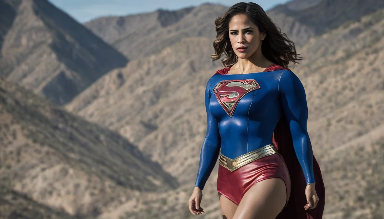 heroine super prostitute woman Paula Patton Supergirl 1984s movie costume;  HD. Photograph, ((realism)), extremely high quality RAW photograph, ultra detailed photograph, sharp focus, high resolution, (detailed skin:1,3),high quality, film grain, Fujifilm XT3,Highly Detailed, movie, (Cinematic Photo:1.3) of (Realistic:1.3). Super breasts.