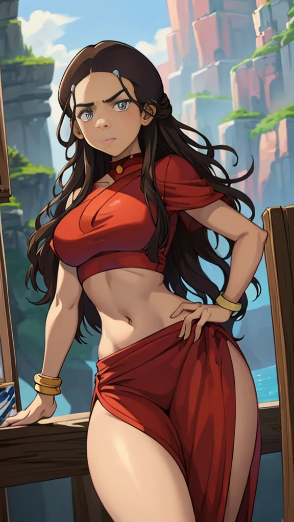 masterpiece, best quality, highres, highest quality, absurdres, kataras3, dark skin, traditional media, (painting \(medium\)), bracelet, long hair, brown hair, crop top, midriff, navel, sharp expressive eyes, perfect face, wide hips, thick lineart, atmospheric lighting, smooth, beautifully detailed riverbank background, cinematic composition, Joe Madureira, red clothing,