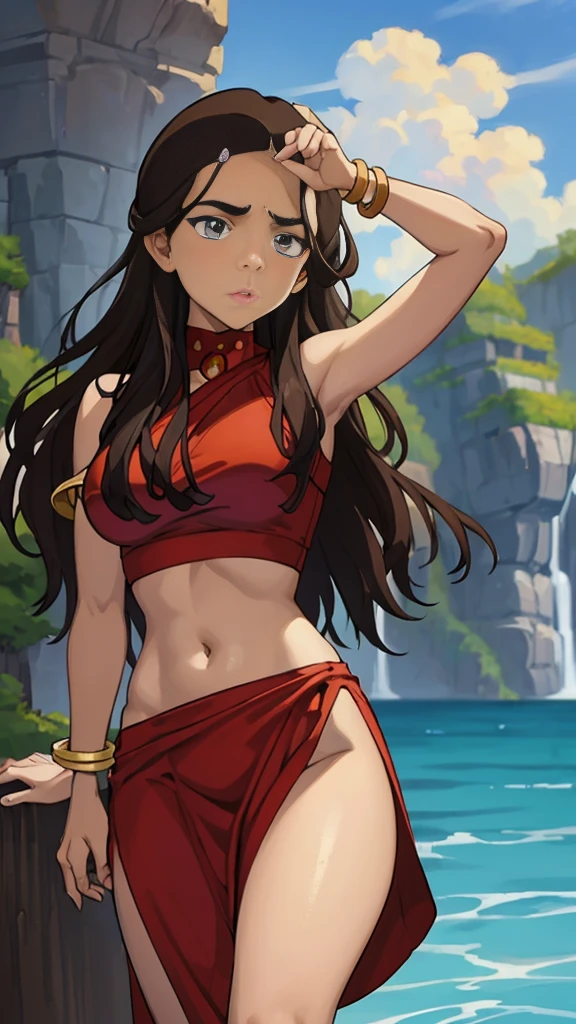 masterpiece, best quality, highres, highest quality, absurdres, kataras3, dark skin, traditional media, (painting \(medium\)), bracelet, long hair, brown hair, crop top, midriff, navel, sharp expressive eyes, perfect face, wide hips, thick lineart, atmospheric lighting, smooth, beautifully detailed riverbank background, cinematic composition, Joe Madureira, red clothing,