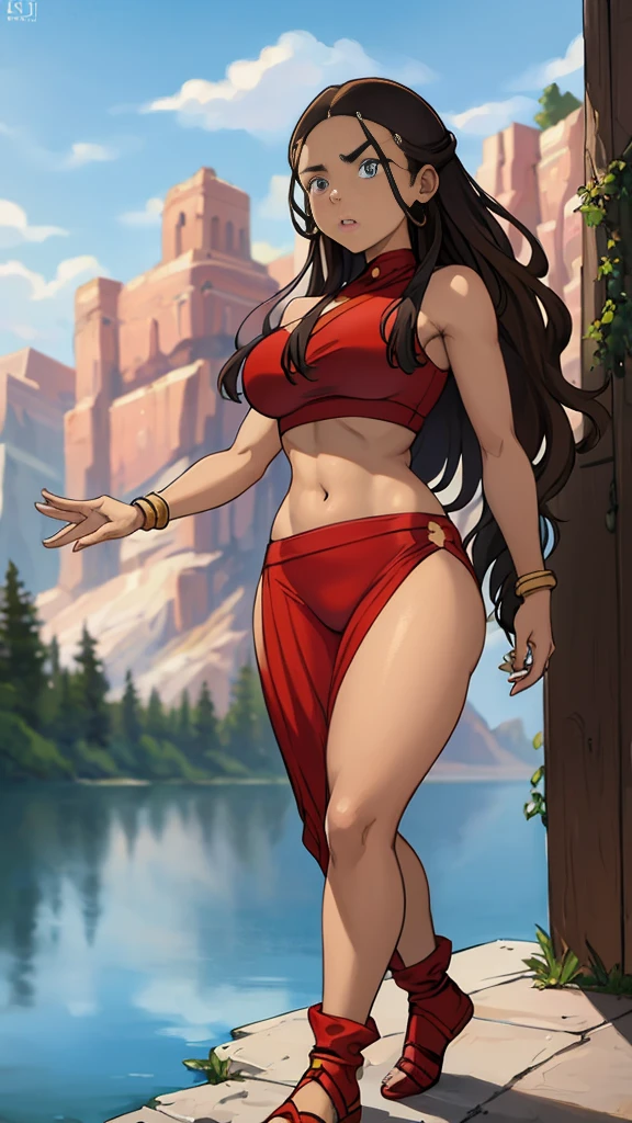 attractive korean woman, ripped muscle, muscular body, small breast, pale skin, smile, nude, sarong, cross necklace, sixpack abs, [ultra detailed skin:1.2], brown hair, wavy hair, 8k uhd, pussy, full body, crowd, public, temple, standing,