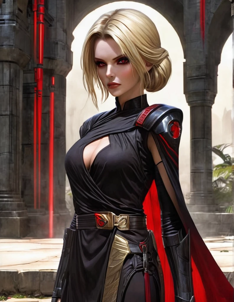 Une femme au cheveux longs blonde, seule,  apparence sensuelle, seigneur sith, inspiré de star Wars old republic, en armure moulante noir, marche dans des ruines d'un temple sith de koriban sombre, sabre laser rouge en main, a un regard fort, des yeux doré, un visage doux  et autoritaire , démarche gracieuse, courbes parfaite pour le corps en sablier, hanche ronde en forme de coeur.