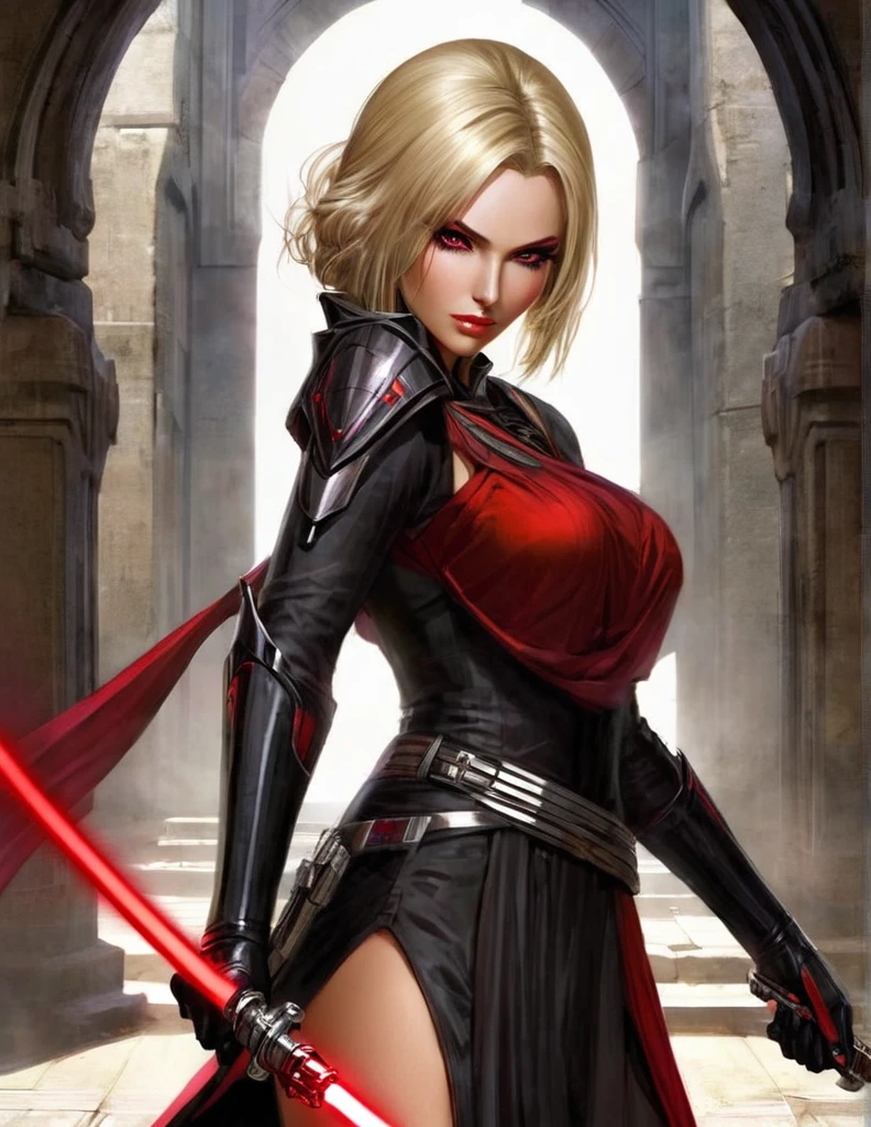 Une femme au cheveux longs blonde, seule, apparence sensuelle, seigneur sith, inspiré de star Wars old republic, en armure moulante noir, marche dans des ruines d'un temple sith de koriban sombre, sabre laser rouge en main, a un regard fort, des yeux doré, un visage doux et autoritaire , démarche gracieuse, courbes parfaite pour le corps en sablier, hanche ronde en forme de coeur.