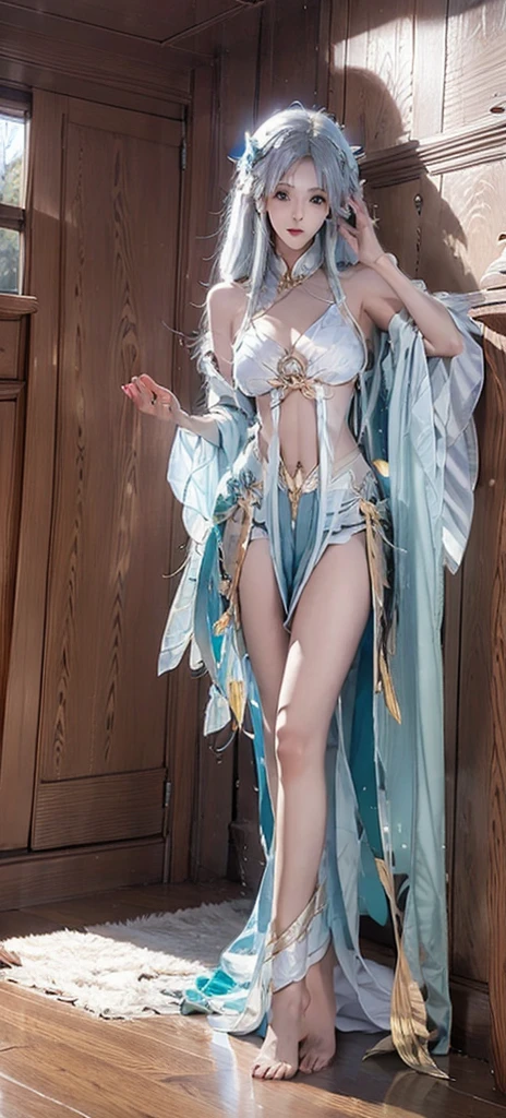 realistic, High resolution, soft light,1 naked female, whole bod ,very thin with skinny arms and legs ,thin waist , huge exposing breasts with Nipple botch , golden thong ,delicate face , jewellery
