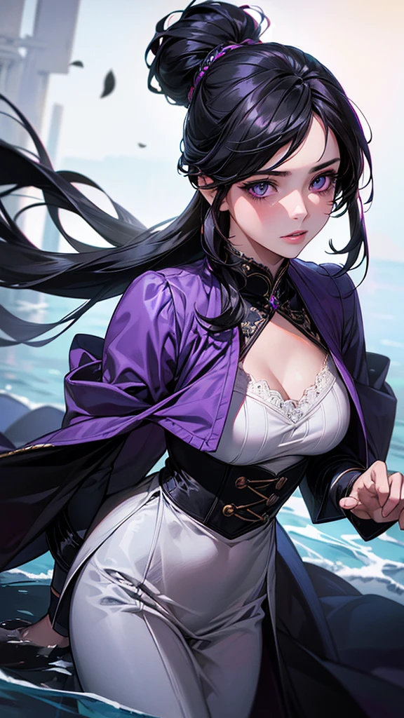 Highest quality, Ultra-high resolution, (Realistic: 1.4), beautiful Eyes, Super beautiful女性,30 years old、 beautiful, magician, Western clothing、((Black Hair、Updo Hair)),Black and purple tones、water and ice、beautiful Soldier, Inviting eyes, spouse&#39;Perspective, Droopy eyes、Attractive appearance, Sexy smile, Perfect Style, Perfect balance、Large Breasts、 Detailed skin, Mischievous Gaze,beautiful背景