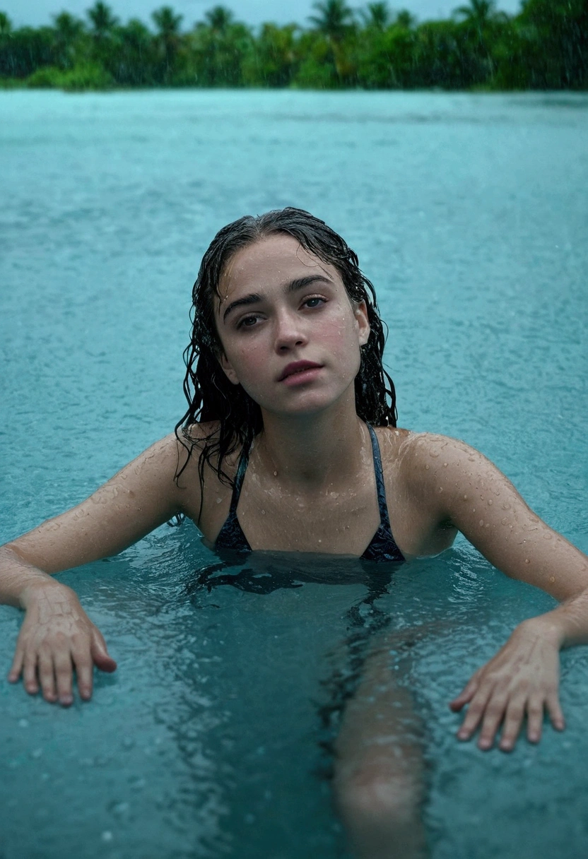 (High quality:1.2, 8K, movie light, Amazing details, 20 year old girl, 1 woman, lagoon, swimming in the lagoon, look at the sky, Not looking at the camera., lounging on the lagoon, rain, raindrops, nature)