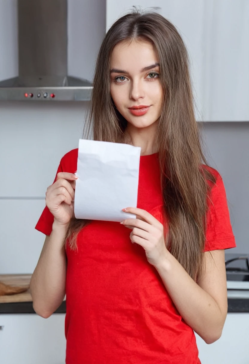 brown long haired European sexy juicy girl in a red T-shirt is holding a piece of paper in her hands looking at the camera, kitchen daylight