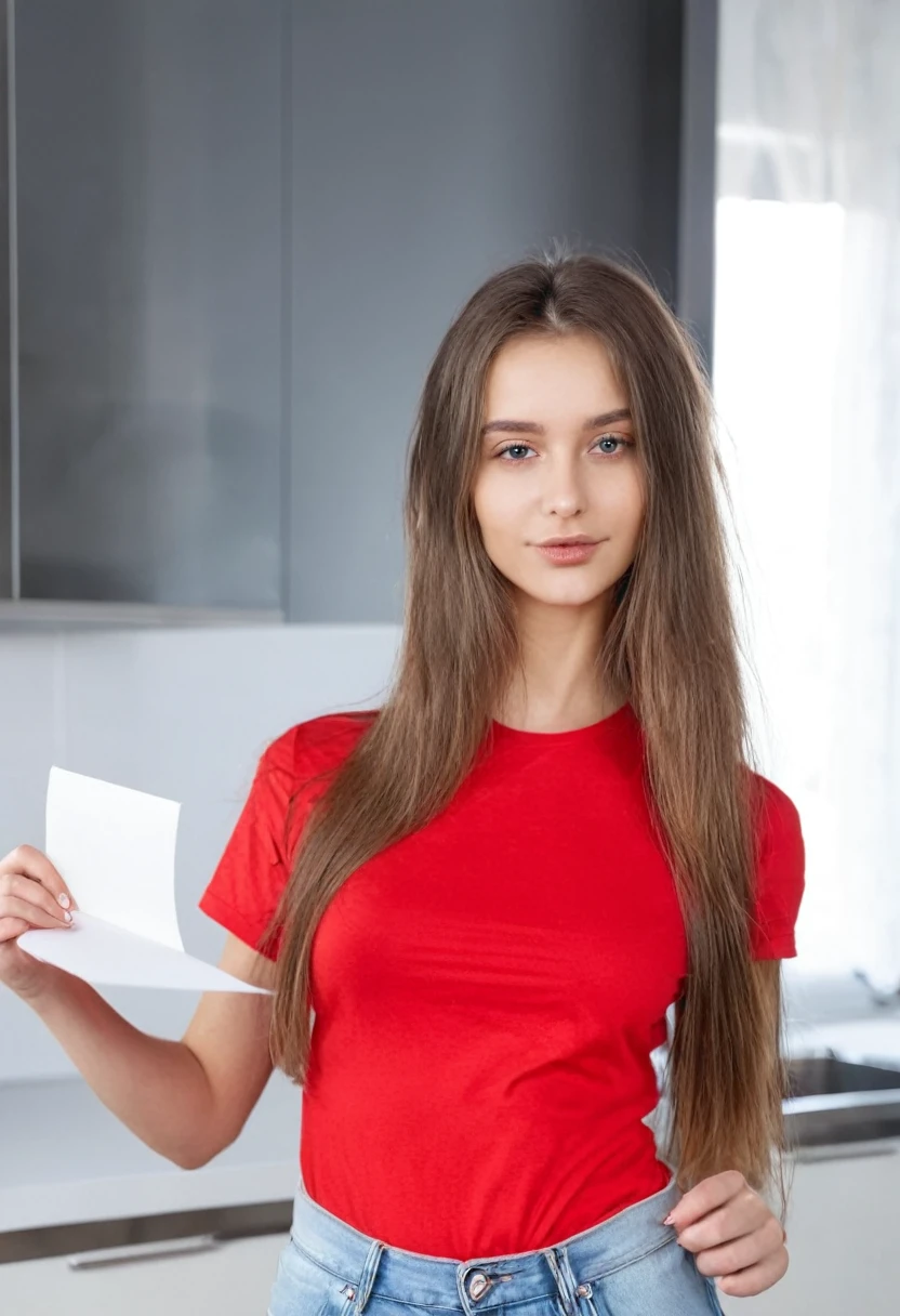 brown long haired European sexy juicy girl in a red T-shirt is holding a piece of paper in her hands looking at the camera, kitchen daylight 