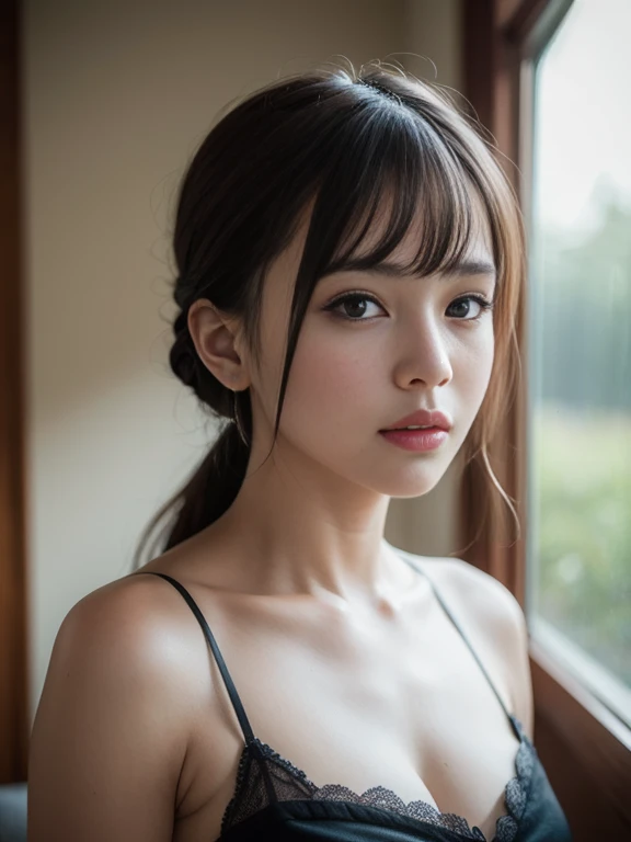 (8K, raw photos, highest quality, masterpiece: 1.2), (realistic, Photo realistic: 1.37), indoor, one's home, 1 girl, Japan, 36 years old, woman, whole body, middle hair,detailed face, lip details, fine eyes, more skin, double eyelid, dark brown hair, (huge breasts: 1.5), (Red lace underwear) ), areola: 1.5, the shape of the nipples is clearly visible, (The shape of the pubic bone is clearly visible), pubic hair, dark pubic hair, (Wet bare skin: 0.7), necklace, Jacket front open, high heels, cleavage emphasis, perfect body, Chest Stretching, sexy pose, sexy look, cowboy shot, eye contact with camera