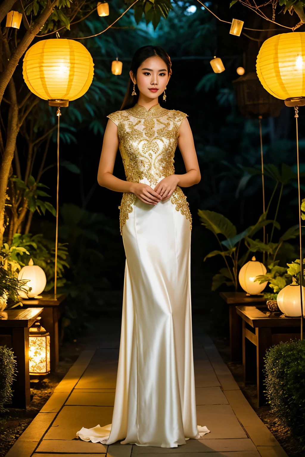/img Elegant Thai model wearing a traditional Thai evening gown standing gracefully in a serene night garden surrounded by lush greenery and illuminated paper lanterns soft moonlight casting a romantic glow highdefinition ultrarealistic details 8k resolution concept art masterpiece--wh 3:2 --seed 1217689902
