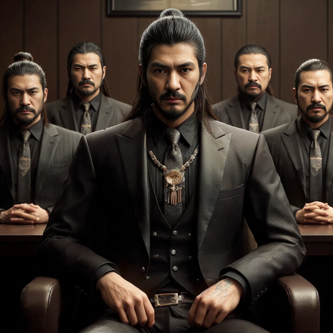 Yakuza with long hair combed back, mustache, wearing a black suit, sitting with his friend, yakuza with dreadlocks, mustache and beard, wearing a black suit, both of them are sitting in the meeting room, their four bodyguards are standing behind them wearing black clothes. suit, the background is a yakuza meeting room with brown walls, black tables and yakuza style decoration, cinematic, realistic, highly detailed, 4k