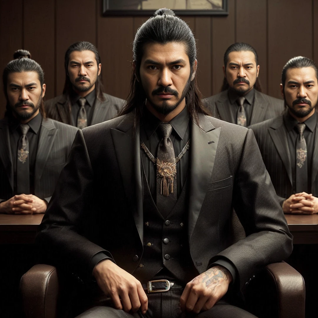 Yakuza with long hair combed back, mustache, wearing a black suit, sitting with his friend, yakuza with dreadlocks, mustache and beard, wearing a black suit, both of them are sitting in the meeting room, their four bodyguards are standing behind them wearing black clothes. suit, the background is a yakuza meeting room with brown walls, black tables and yakuza style decoration, cinematic, realistic, highly detailed, 4k