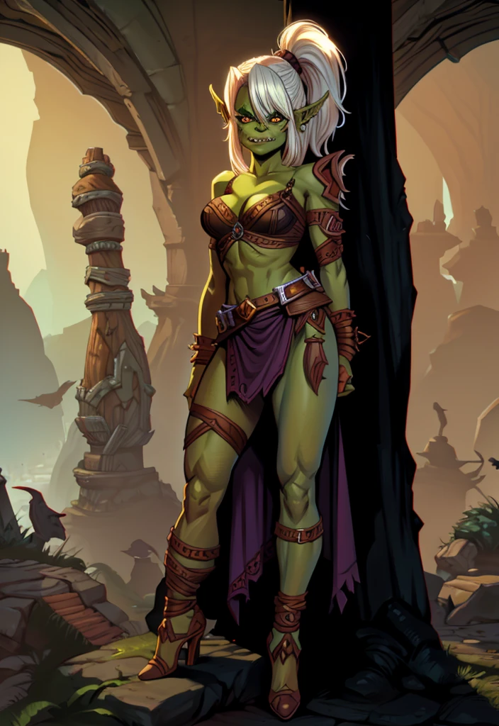 UHD  8k, HDR+, a cartoon of a woman with a green face anD white hair, goblin girl DnD character, goblin female portrait, green skin, Drak fantasy goblin, green orc woman, goblin art, D&D goblin rogue, full color illustration, Dжули Белл Бипл, orc themeD, female orc, goblin, epic full color illustration, from pathfinDer, full art illustration, high heels, high heel shoes