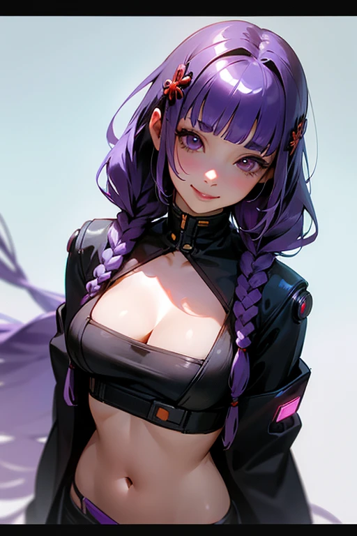 1 Girl, Blunt bangs, Braiding, Wide sleeves, hair ornaments,Obi says, (Purple Hair:1.2), Very long hair, Straight hair, Looking at the audience, Highly detailed background, (Realistic:1.2), Beautiful Eyes, Red eyeshadow, Written boundary depth，thigh, (Urzan-6500:0.7), Upper Body, (alone:1.2), (Cyberpunk City:1.1), Cleavage,,Shiny skin、(Navel exposed).((Face close-up))、((smile))、(Looking up)、